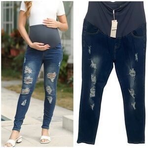 Maacie Maternity Distressed Jeans High Waist Whole Pregnancy Denim Pants XL